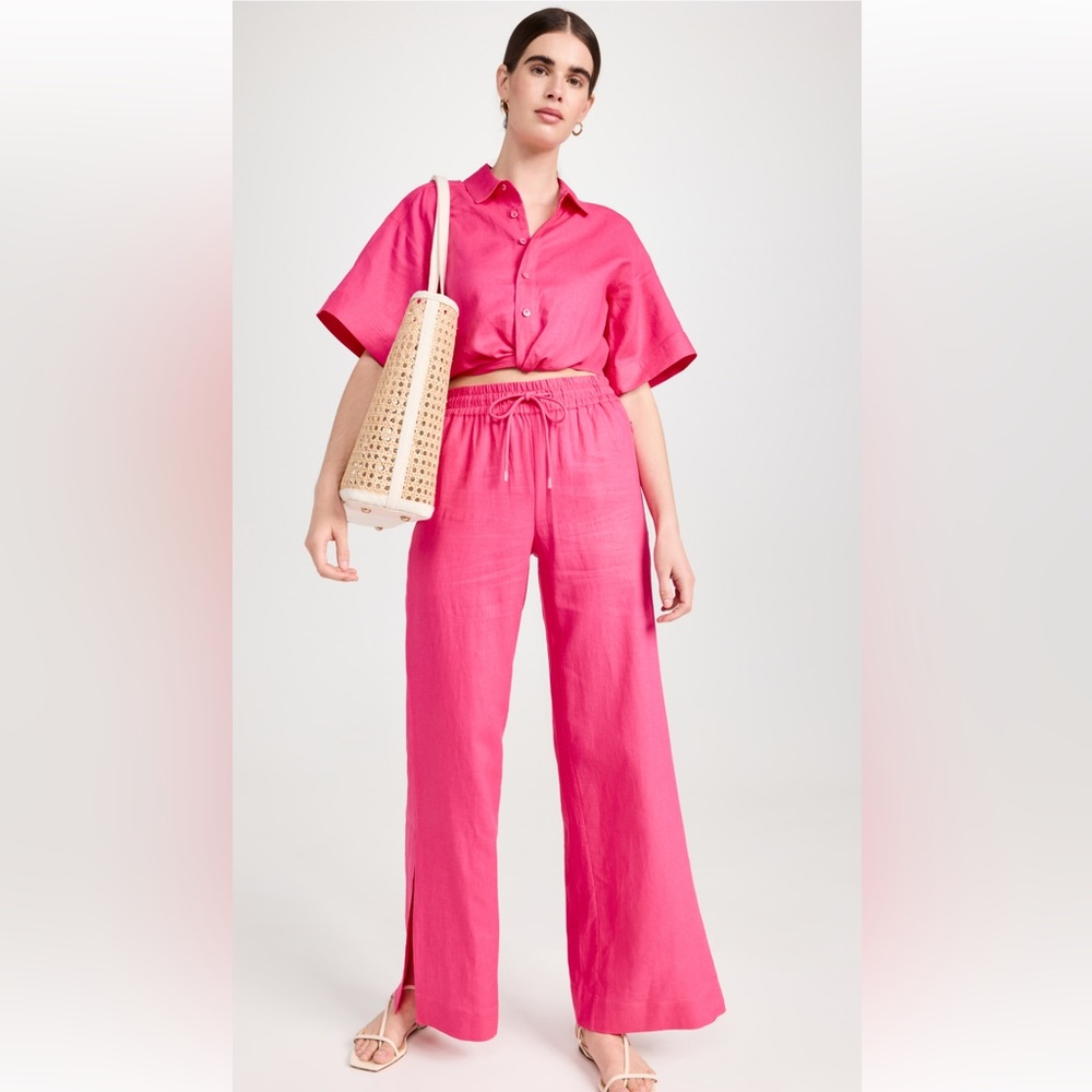 FRAME - LINEN CROPPED TWIST FRONT SHIRT AND PANTS IN FLAMINGO XS